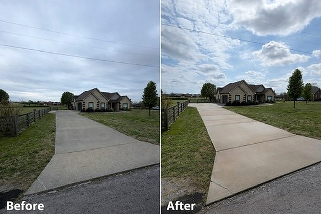 Before and after driveway pressure washing result